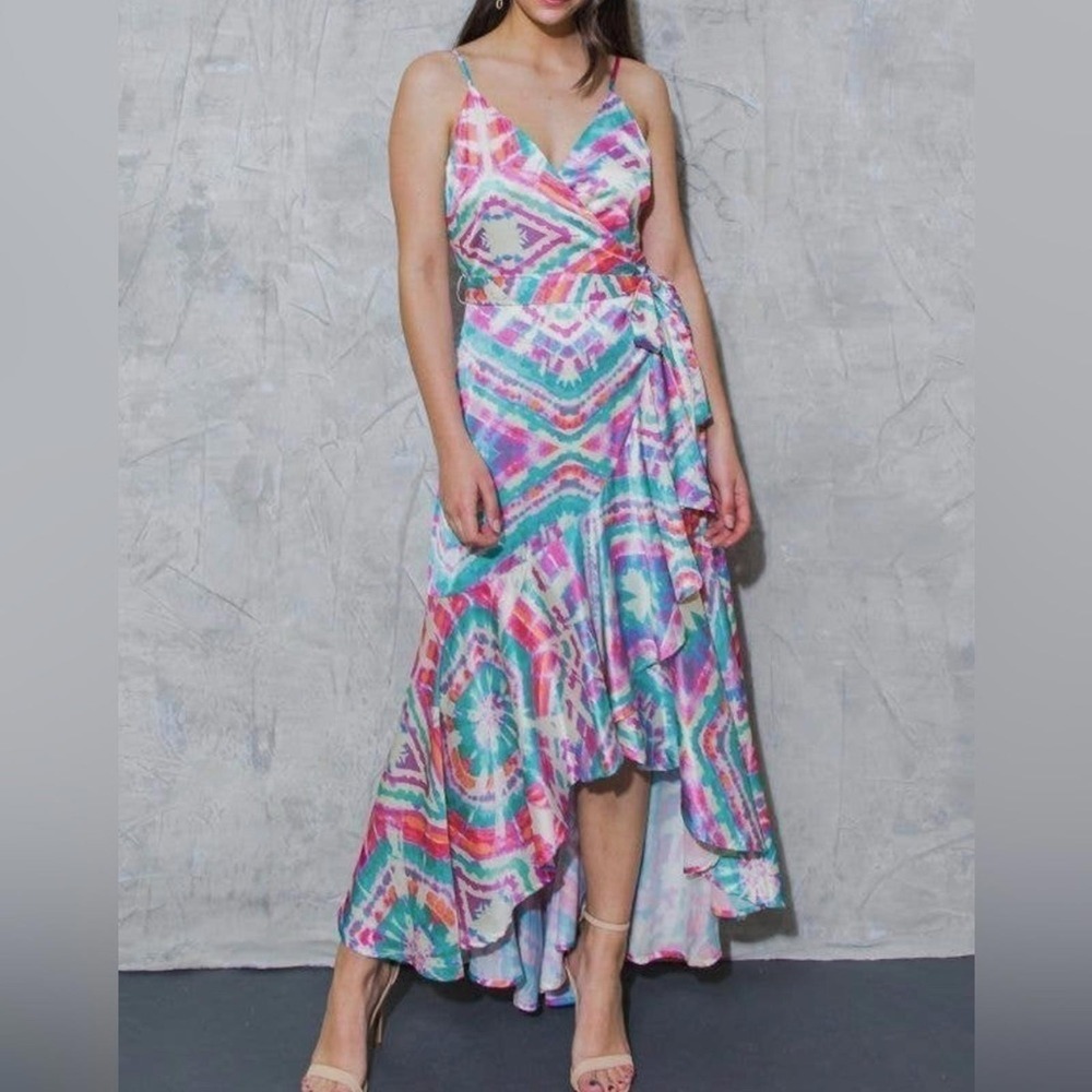 NWT Flying Tomato Size M Colorful Tie-Dye Satin Wrap High-Low Ruffle Dress